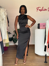 Load image into Gallery viewer, Black satin maxi bodycon dress
