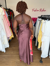 Load image into Gallery viewer, Brown and red floral satin maxi open back dress

