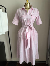 Load image into Gallery viewer, Pink and white midi belted flair dress
