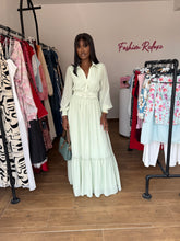 Load image into Gallery viewer, Green chiffon belted maxi longsleeves dress
