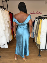 Load image into Gallery viewer, Blue satin midi cowl neck back dress
