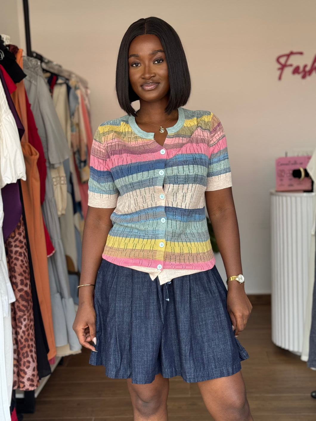 Multi colored button down top