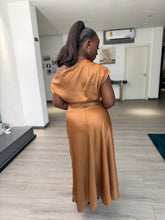 Load image into Gallery viewer, Brown off shoulder satin midi dress
