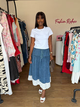 Load image into Gallery viewer, Blue denim lace detail flair skirt
