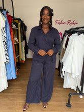 Load image into Gallery viewer, Navy blue striped wrap two piece
