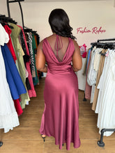Load image into Gallery viewer, Purple satin maxi cowl neck dress
