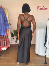 Load image into Gallery viewer, Black maxi satin open back dress
