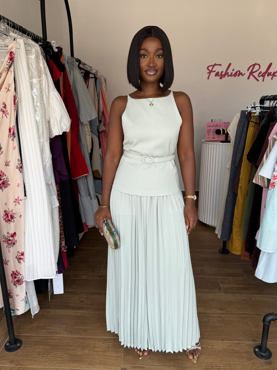 Light green pleated trousers two piece