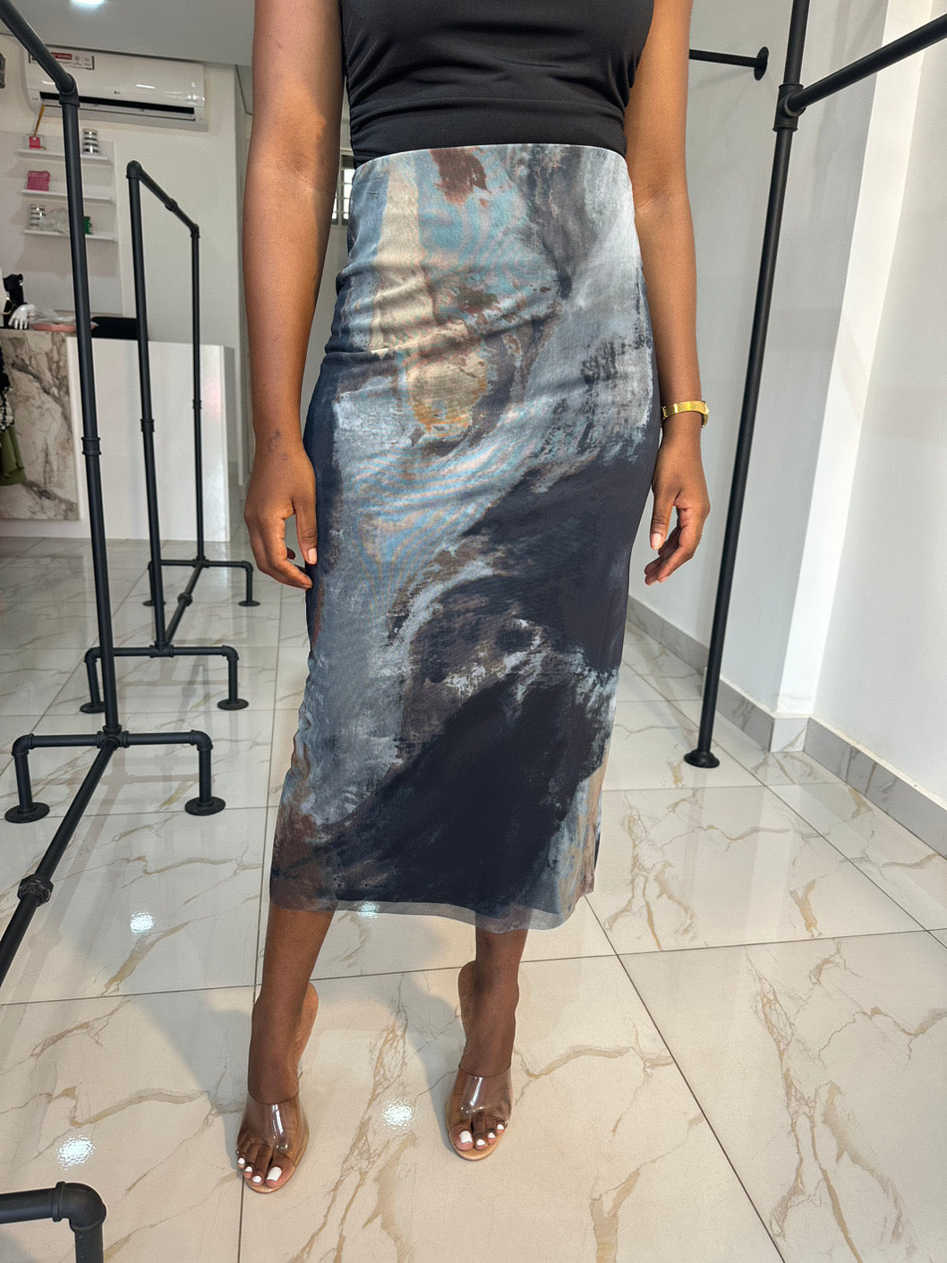 Marble print midi mesh skirt