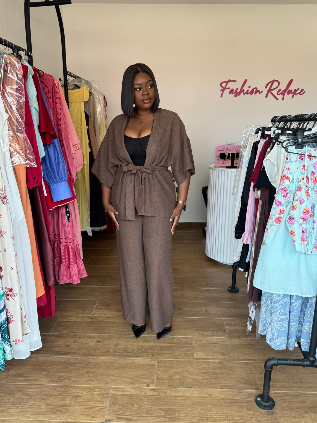 Brown kimono belted two piece