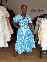 Load image into Gallery viewer, Blue and white pattern wrap maxi dress
