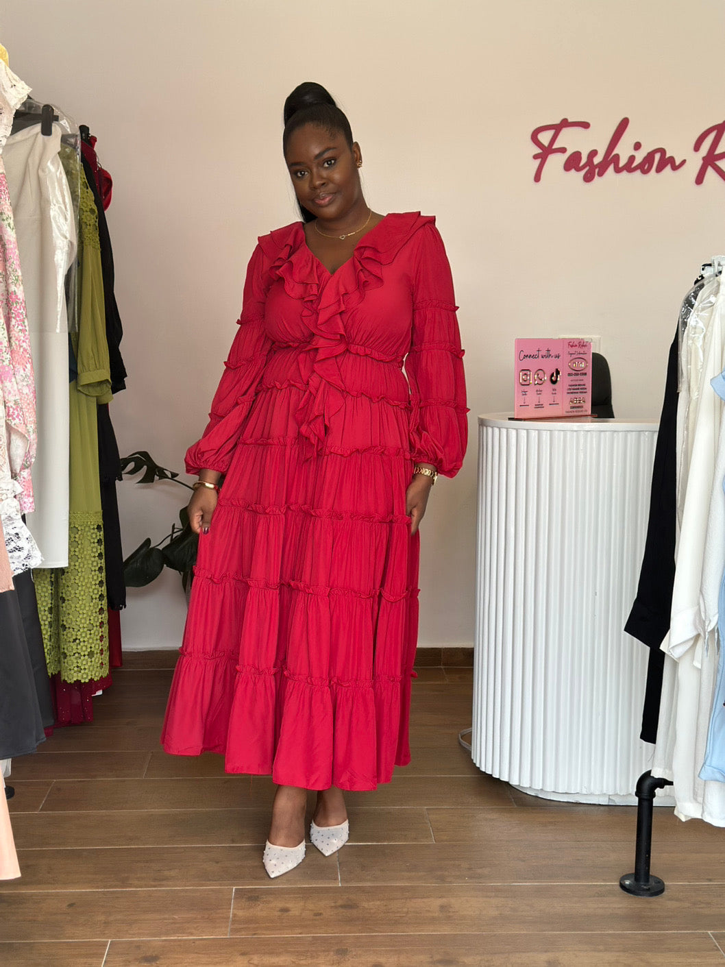 Red long sleeves maxi frill dress