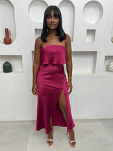 Load image into Gallery viewer, Maroon midi sleeveless satin thigh slit dress
