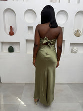 Load image into Gallery viewer, Olive green satin open back sleeveless dress
