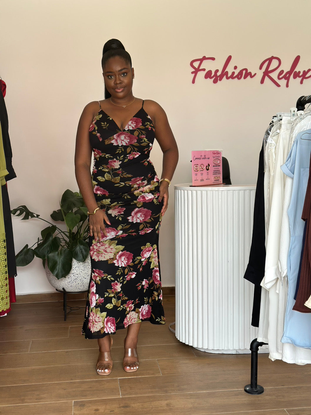 Black floral mesh maxi bodycon dress