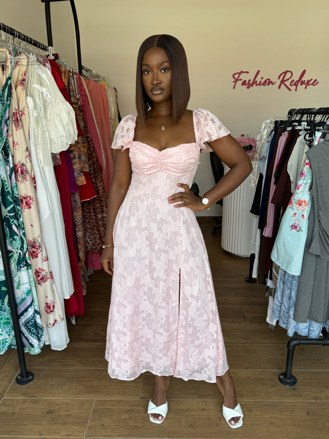 Pink floral pattern high slit midi dress