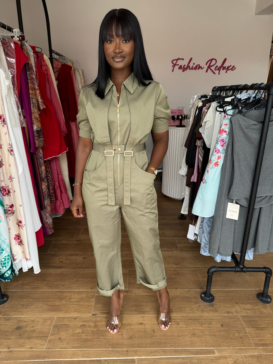 Green cargo jumpsuit