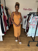 Load image into Gallery viewer, Mustard polka dot ruched midi dresss
