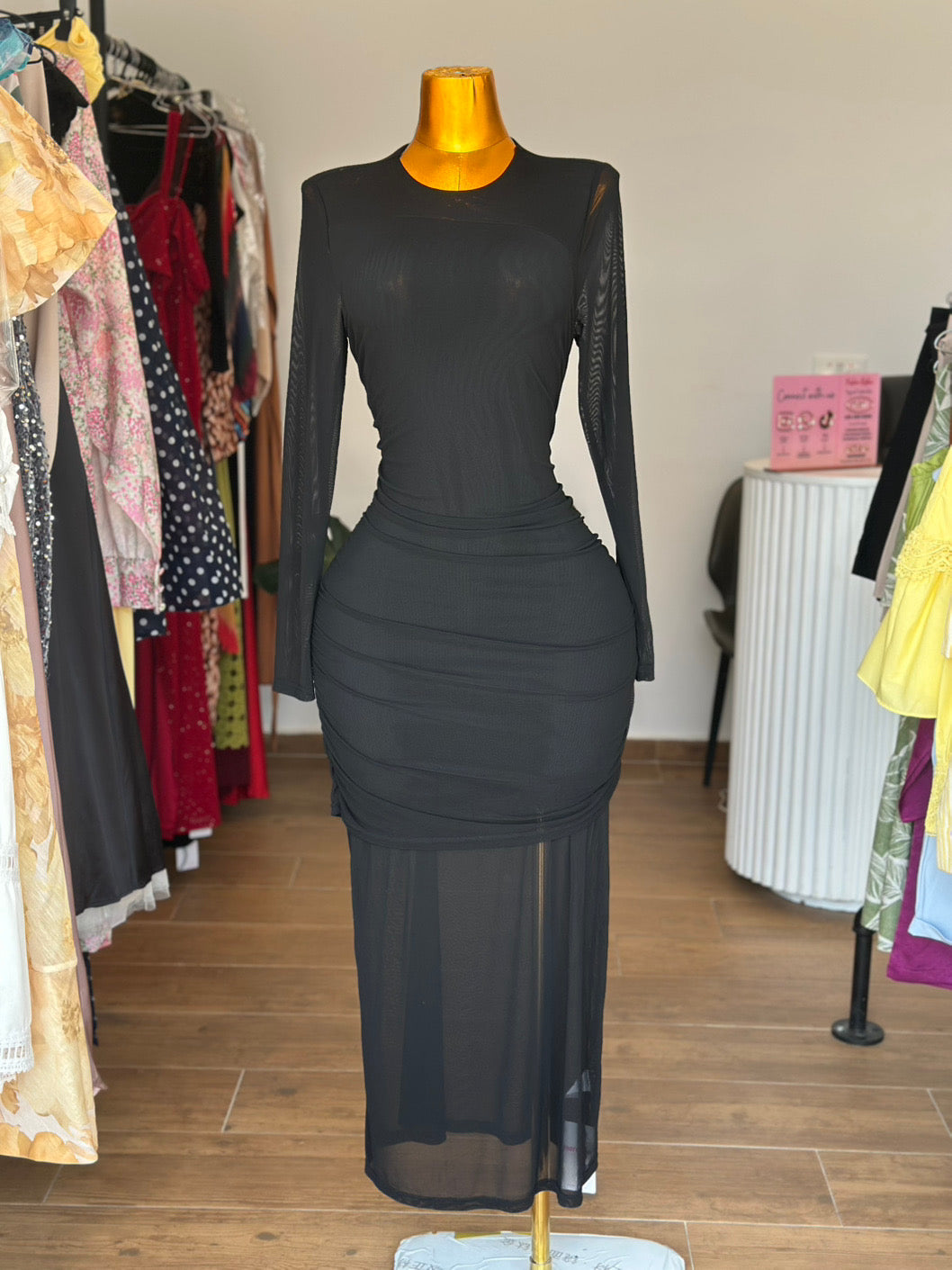 Black mesh long sleeves dress