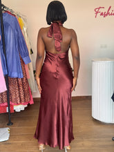 Load image into Gallery viewer, Brown halter neck maxi open back dress
