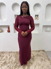 Load image into Gallery viewer, Burgundy long sleeves bodycon gold detail maxi dress
