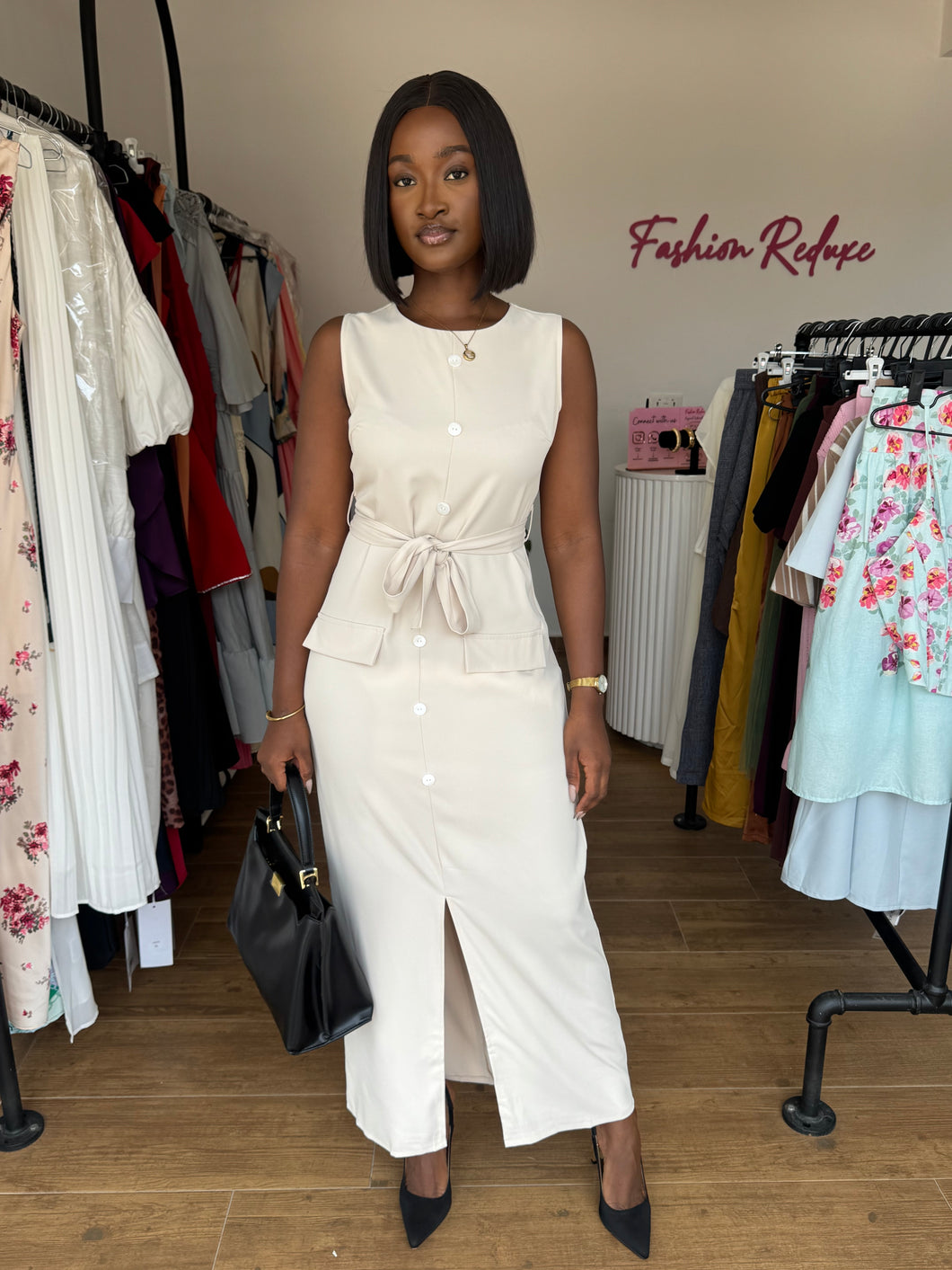 Cream white button detail belted maxi dress
