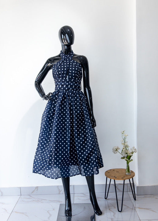 Blue and white polka dot dress