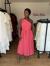 Load image into Gallery viewer, Pink one arm pleated midi belted dress
