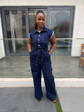 Load image into Gallery viewer, Denim tie waist jumpsuit
