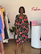 Load image into Gallery viewer, Red floral midi belted pleated dress
