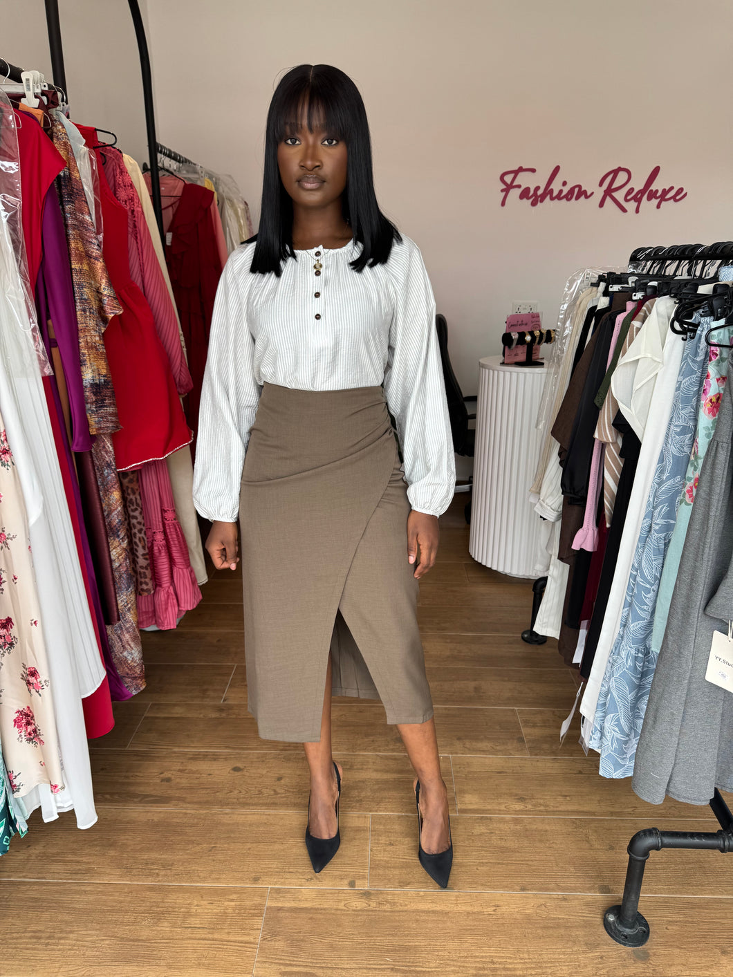Brown midi corporate wrap skirt