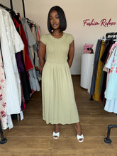 Load image into Gallery viewer, Olive green stretchy midi flair dress
