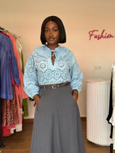 Load image into Gallery viewer, Blue lace long sleeves blouse
