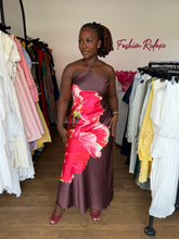 Load image into Gallery viewer, Brown and red floral satin maxi open back dress
