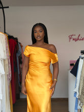 Load image into Gallery viewer, Yellow satin cowl back bodycon midi dress
