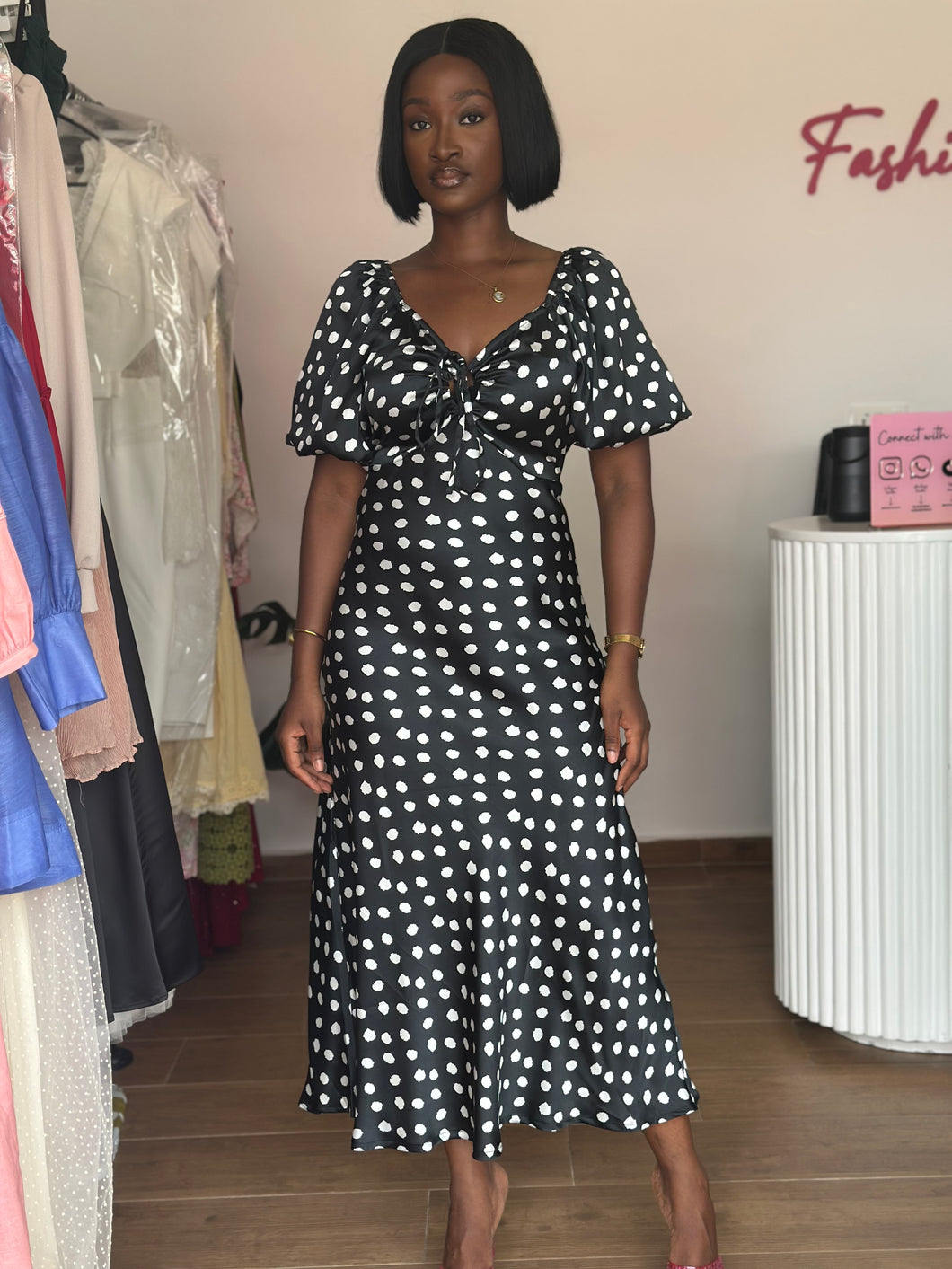 Black and white satin puff sleeves dress