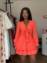 Load image into Gallery viewer, Orange longsleeves mini tie up dress
