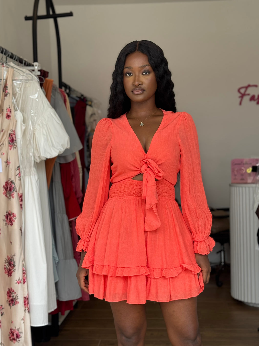 Orange longsleeves mini tie up dress