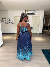 Load image into Gallery viewer, Blue pattern maxi belted sleeveless dress
