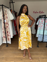 Load image into Gallery viewer, Yellow and white satin belted midi flair dress
