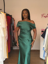 Load image into Gallery viewer, Green satin cowl neck back dress
