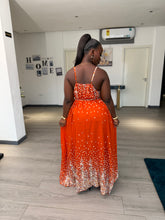 Load image into Gallery viewer, Orange pattern sleeveless belted maxi dress
