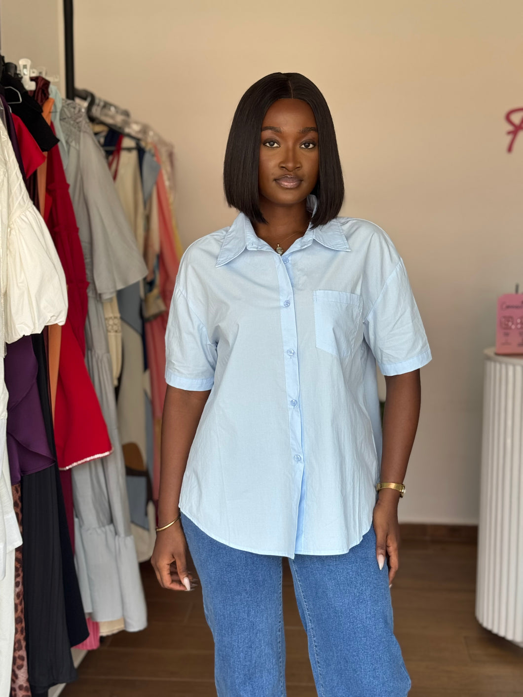 Blue open back short sleeves shirt