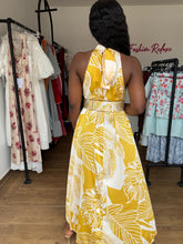 Load image into Gallery viewer, Yellow and white satin belted midi flair dress
