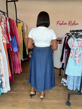 Load image into Gallery viewer, Blue denim side pocket maxi skirt
