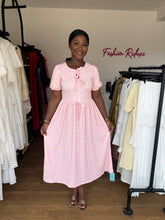 Load image into Gallery viewer, Pink and cream midi puff sleeves dress
