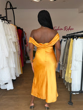 Load image into Gallery viewer, Yellow satin cowl back bodycon midi dress
