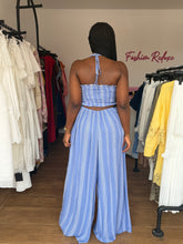Load image into Gallery viewer, Light blue and white striped cut out elasticated jumpsuit

