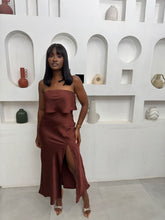 Load image into Gallery viewer, Brown sleeveless satin midi thigh slit dress
