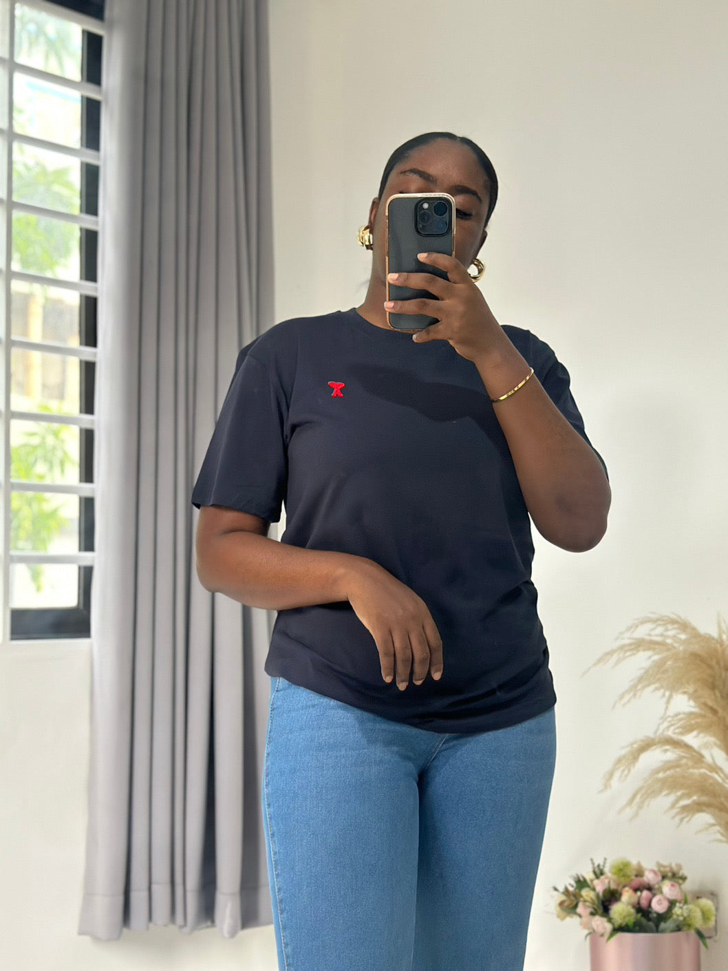 Navy blue with red embroidery Tshirt